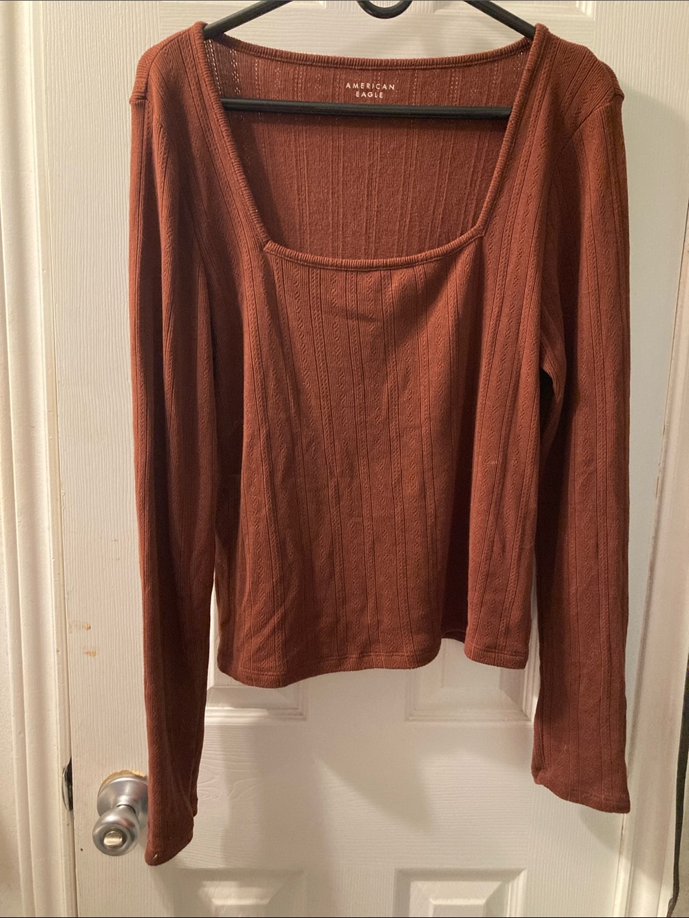American Eagle Outfitters Rust Long-Sleeve Square Neck Ribbed Top